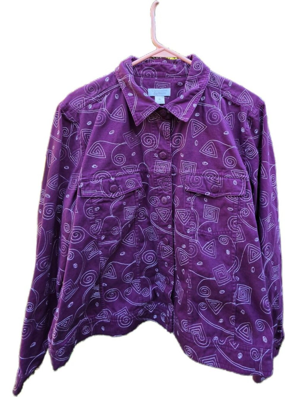Christopher & Banks Vtg Geometric Embroidered Plum Cotton Twill Jacket XL
